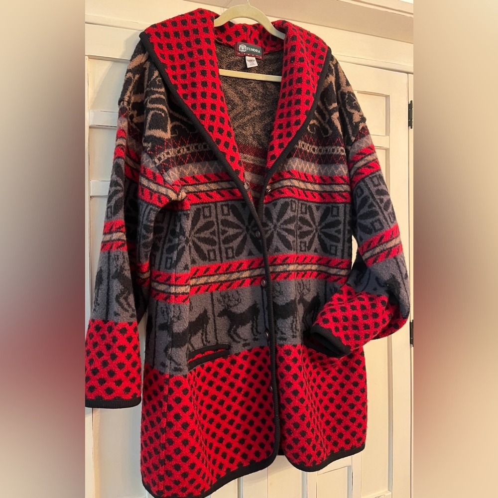Tundra Canada Coogi Style Cardigan Coat Beautiful Shawl Collar Elk Motif XL